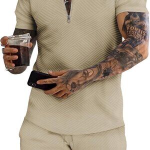 Light Coffee men's polo shirt and shorts set, casual summer attire with zip neck